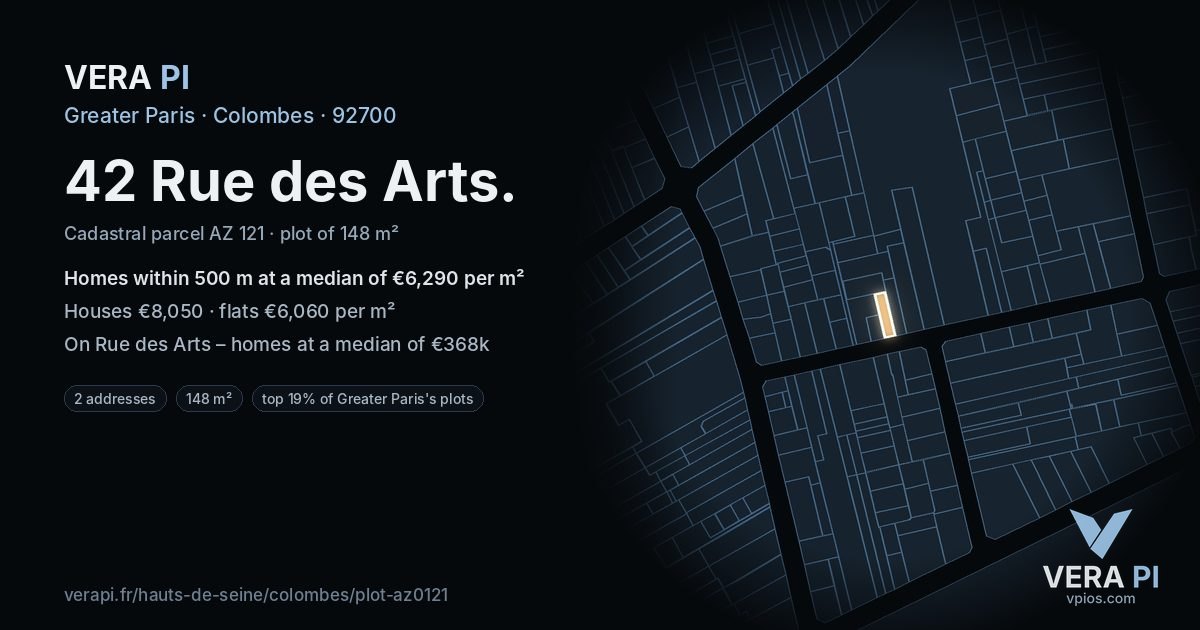 42 Rue des Arts, Colombes at night – the plot lit, the parcels around coloured by the prices near them