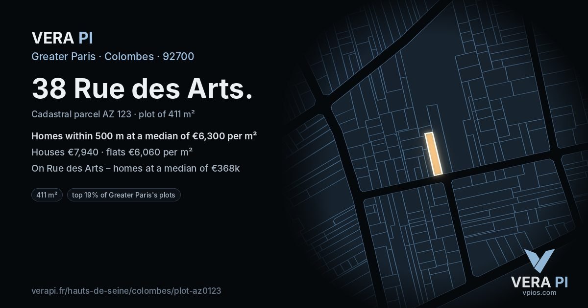 38 Rue des Arts, Colombes at night – the plot lit, the parcels around coloured by the prices near them