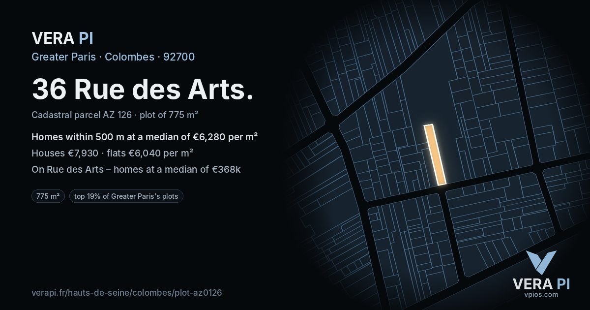 36 Rue des Arts, Colombes at night – the plot lit, the parcels around coloured by the prices near them