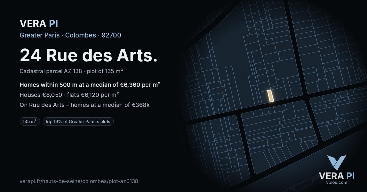 24 Rue des Arts, Colombes at night – the plot lit, the parcels around coloured by the prices near them