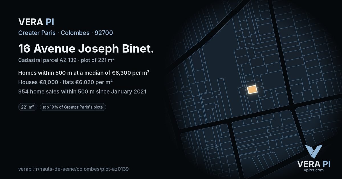 16 Avenue Joseph Binet, Colombes at night – the plot lit, the parcels around coloured by the prices near them