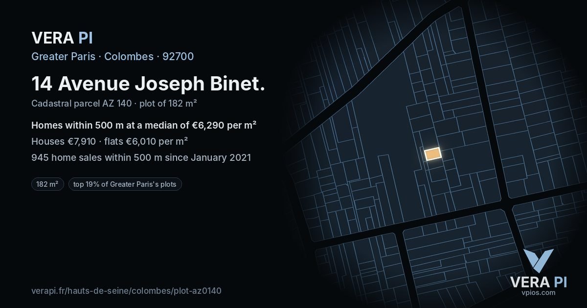 14 Avenue Joseph Binet, Colombes at night – the plot lit, the parcels around coloured by the prices near them