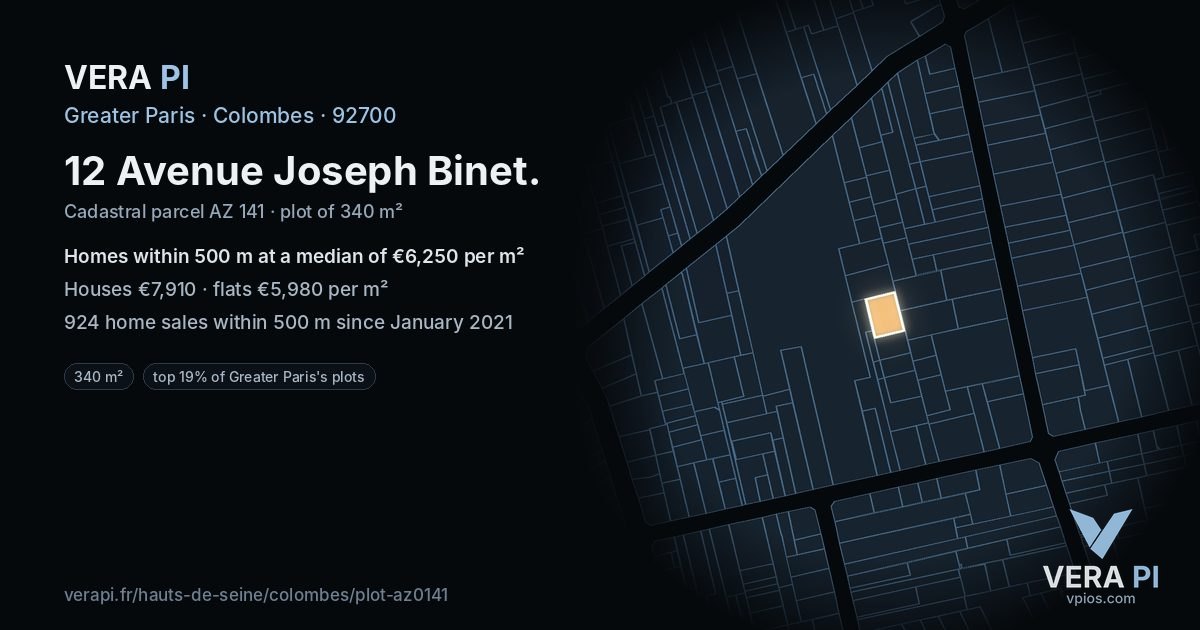12 Avenue Joseph Binet, Colombes at night – the plot lit, the parcels around coloured by the prices near them