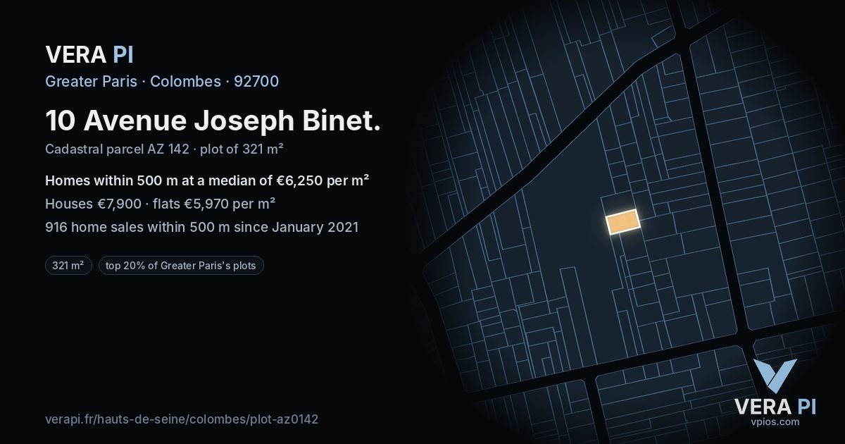 10 Avenue Joseph Binet, Colombes at night – the plot lit, the parcels around coloured by the prices near them