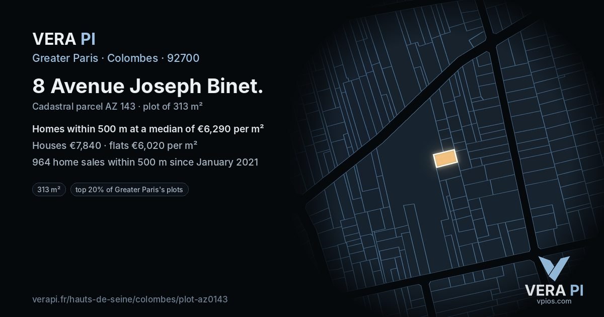 8 Avenue Joseph Binet, Colombes at night – the plot lit, the parcels around coloured by the prices near them