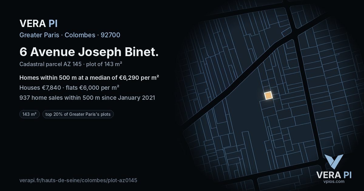 6 Avenue Joseph Binet, Colombes at night – the plot lit, the parcels around coloured by the prices near them