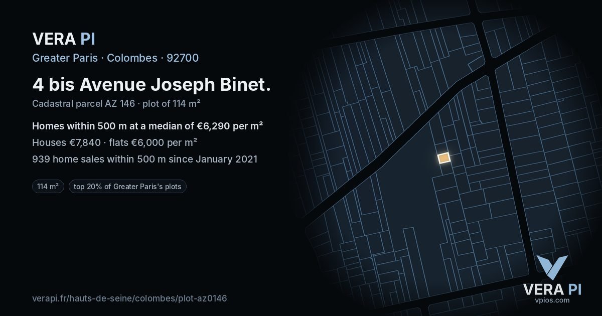 4 bis Avenue Joseph Binet, Colombes at night – the plot lit, the parcels around coloured by the prices near them
