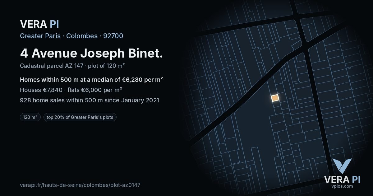 4 Avenue Joseph Binet, Colombes at night – the plot lit, the parcels around coloured by the prices near them