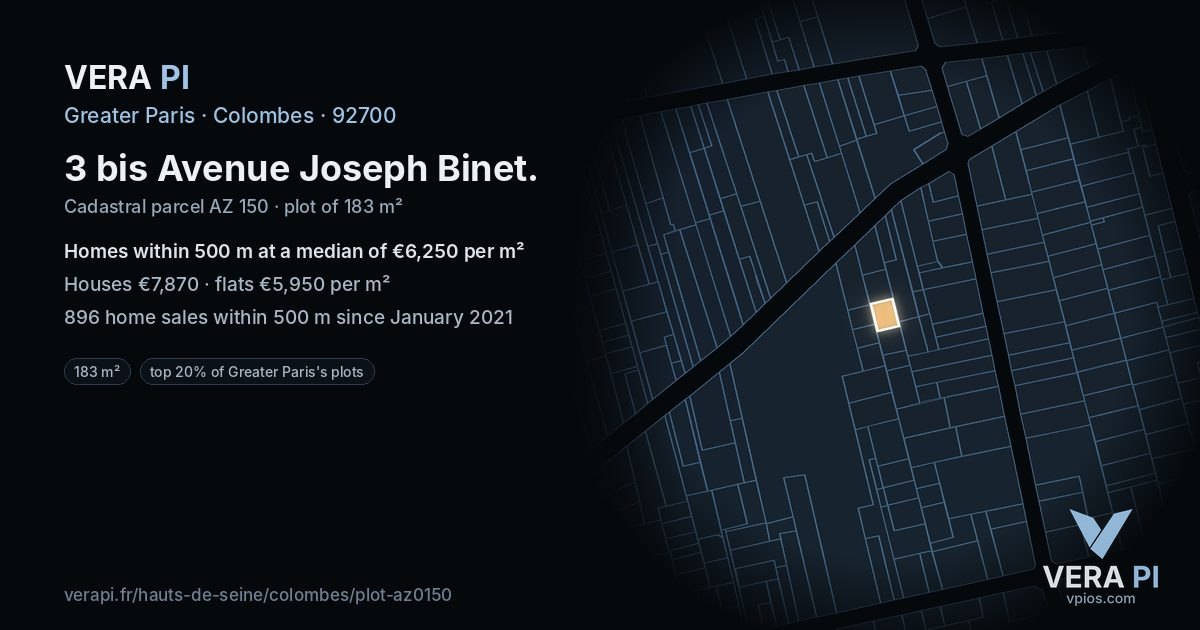 3 bis Avenue Joseph Binet, Colombes at night – the plot lit, the parcels around coloured by the prices near them