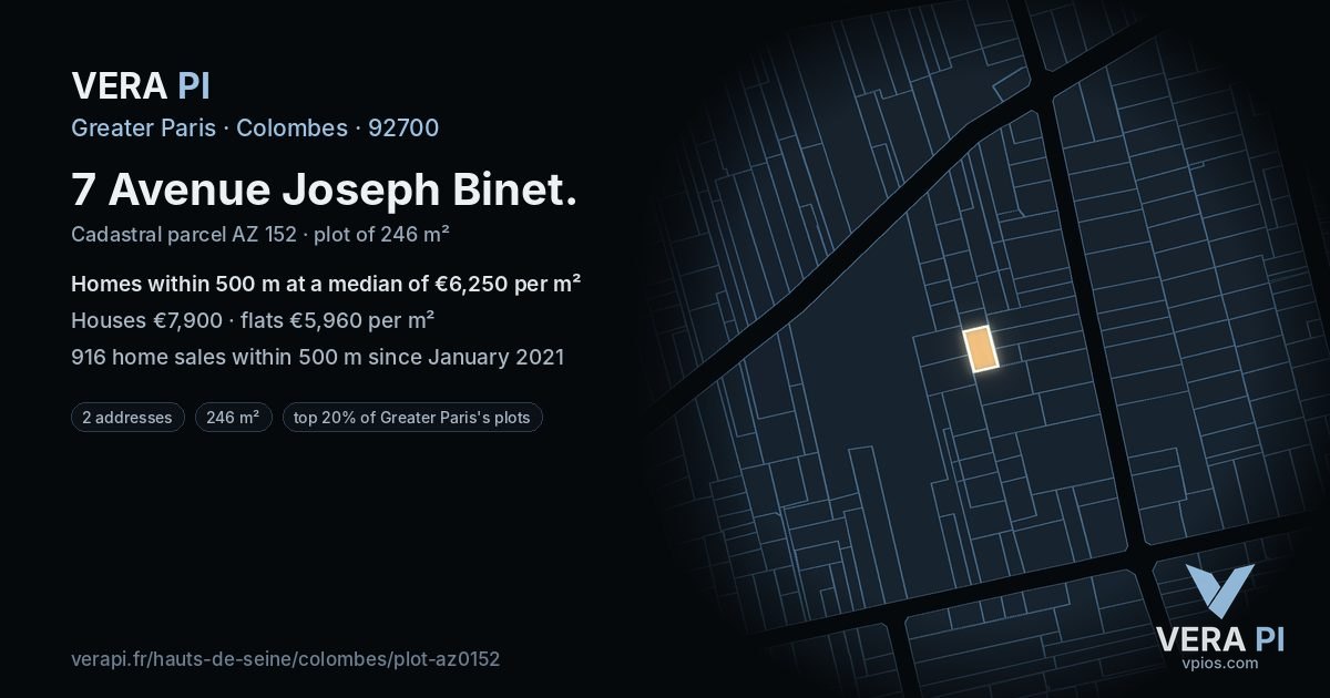 7 Avenue Joseph Binet, Colombes at night – the plot lit, the parcels around coloured by the prices near them