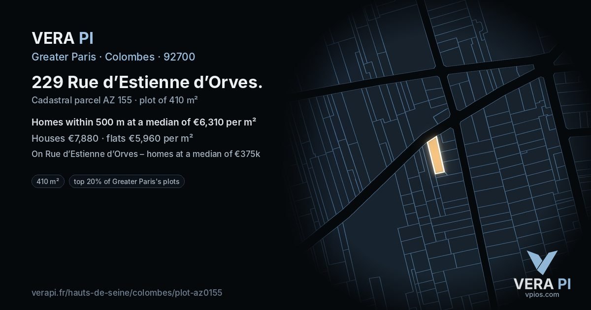 229 Rue d’Estienne d’Orves, Colombes at night – the plot lit, the parcels around coloured by the prices near them