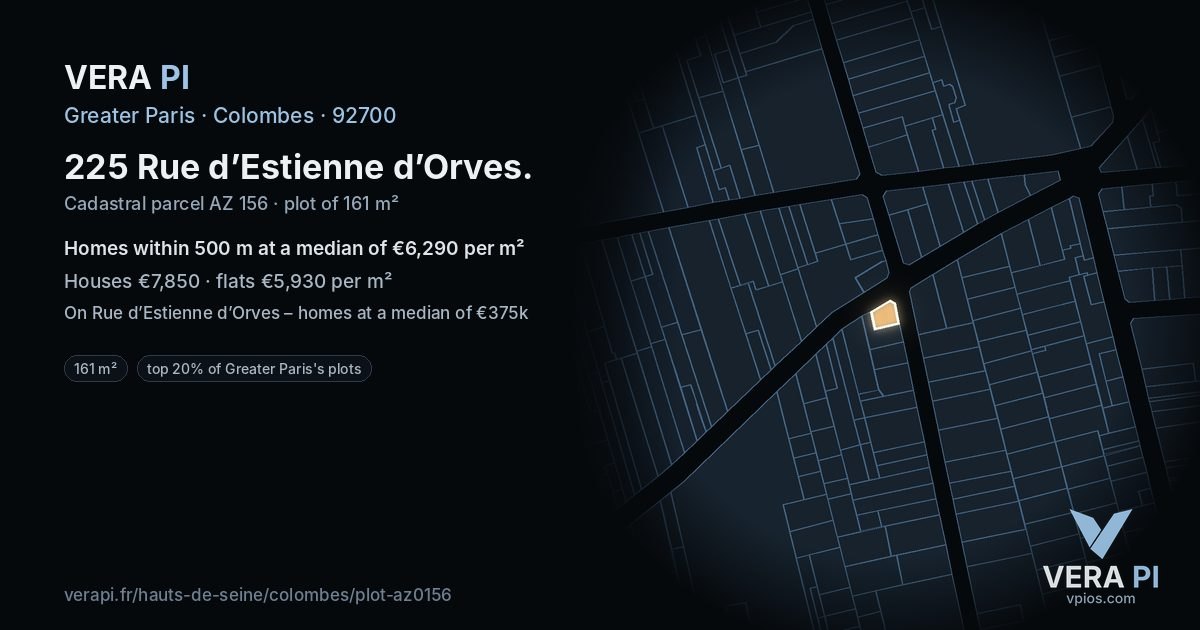 225 Rue d’Estienne d’Orves, Colombes at night – the plot lit, the parcels around coloured by the prices near them