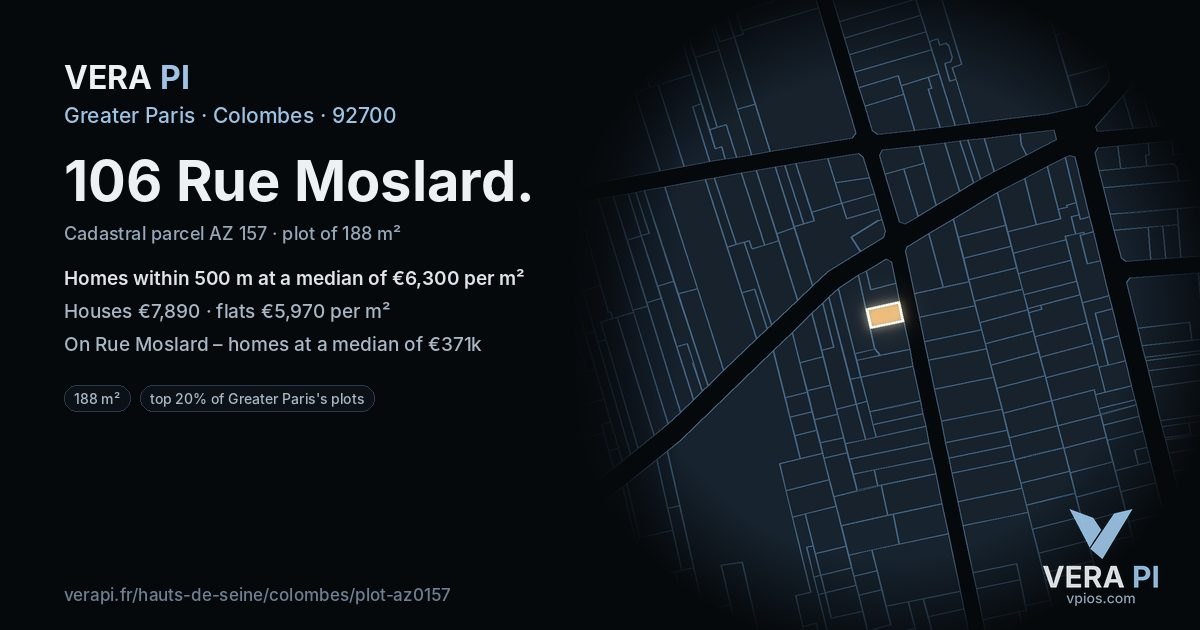 106 Rue Moslard, Colombes at night – the plot lit, the parcels around coloured by the prices near them