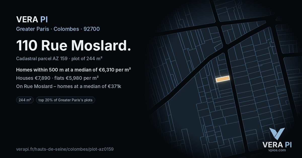 110 Rue Moslard, Colombes at night – the plot lit, the parcels around coloured by the prices near them
