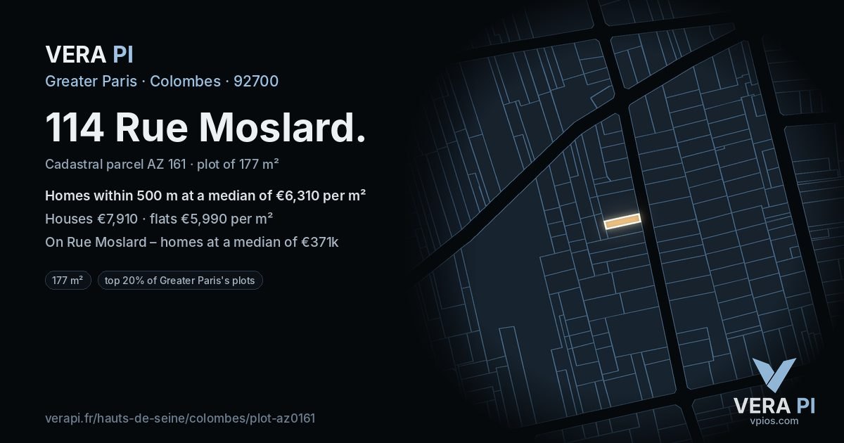 114 Rue Moslard, Colombes at night – the plot lit, the parcels around coloured by the prices near them
