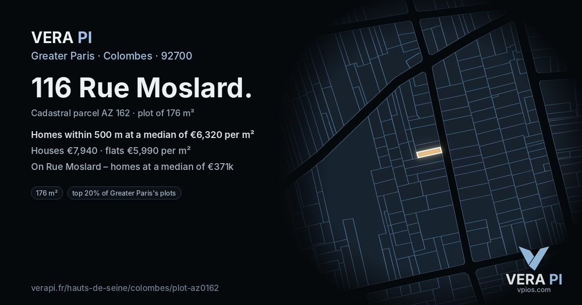116 Rue Moslard, Colombes at night – the plot lit, the parcels around coloured by the prices near them