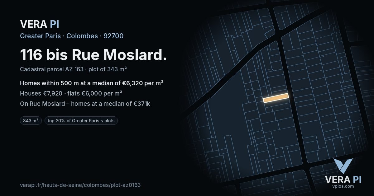 116 bis Rue Moslard, Colombes at night – the plot lit, the parcels around coloured by the prices near them