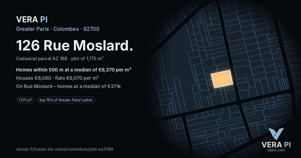 126 Rue Moslard, Colombes at night – the plot lit, the parcels around coloured by the prices near them