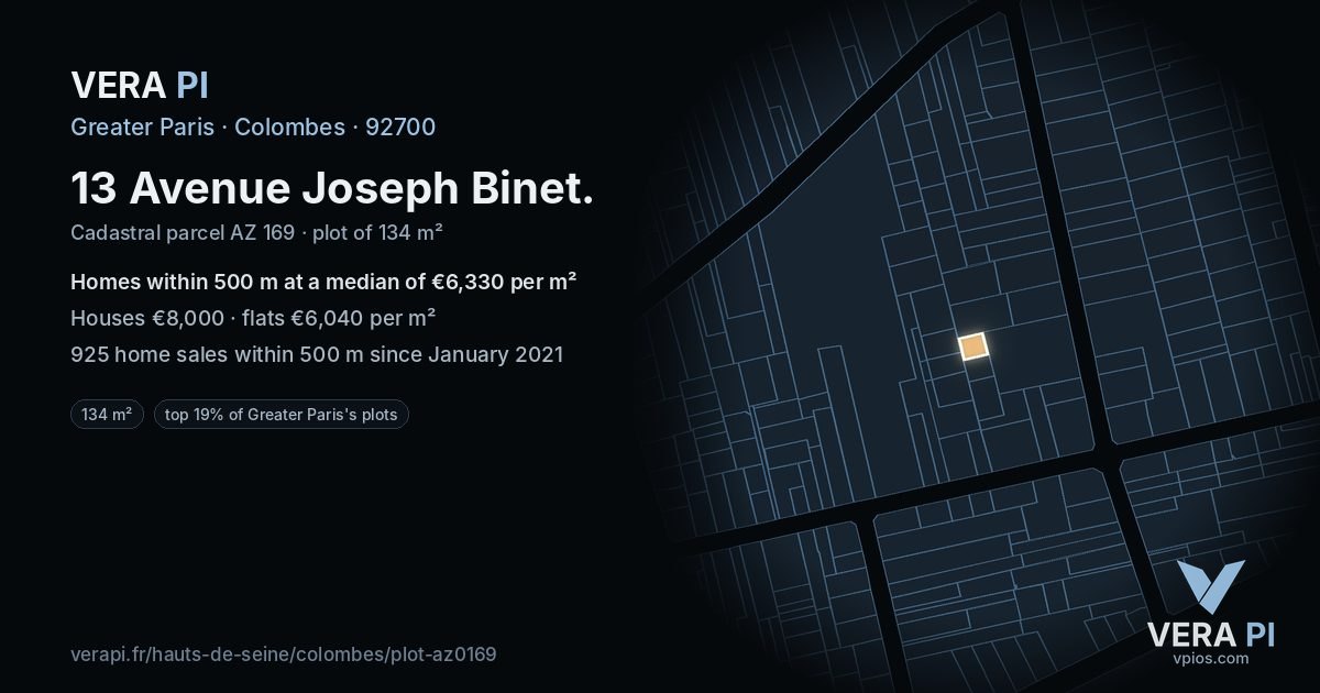 13 Avenue Joseph Binet, Colombes at night – the plot lit, the parcels around coloured by the prices near them