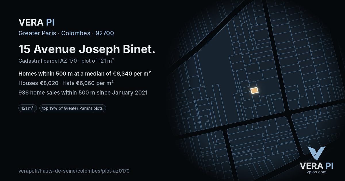 15 Avenue Joseph Binet, Colombes at night – the plot lit, the parcels around coloured by the prices near them