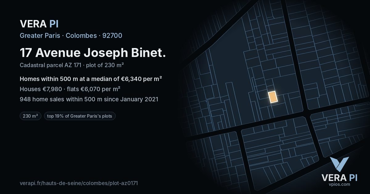 17 Avenue Joseph Binet, Colombes at night – the plot lit, the parcels around coloured by the prices near them