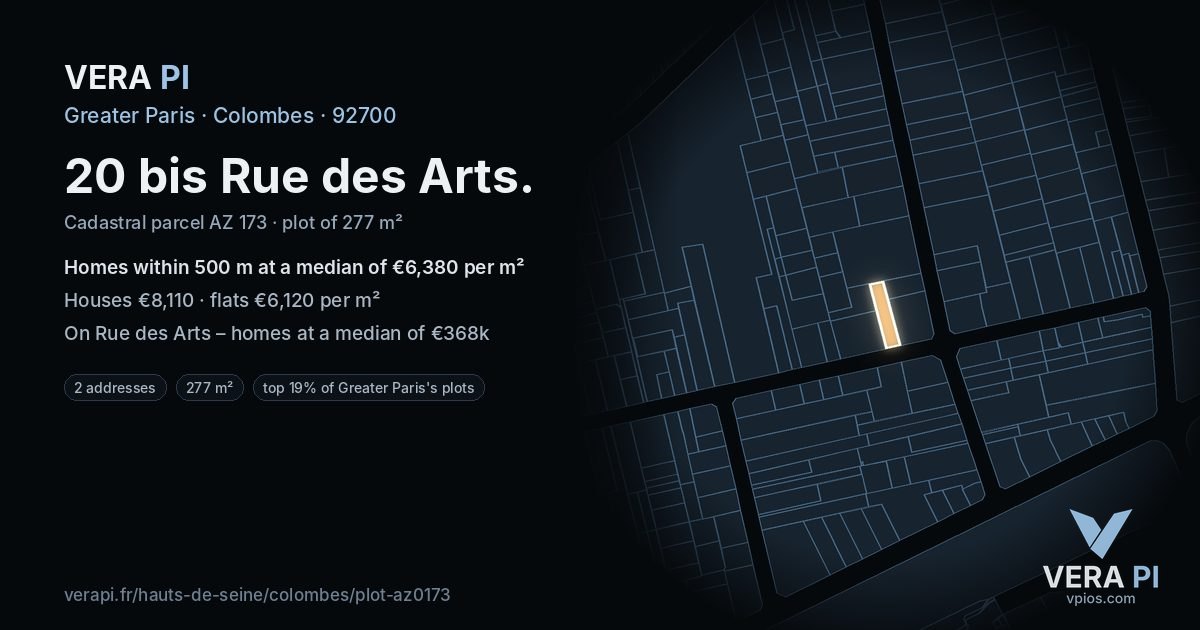 20 bis Rue des Arts, Colombes at night – the plot lit, the parcels around coloured by the prices near them