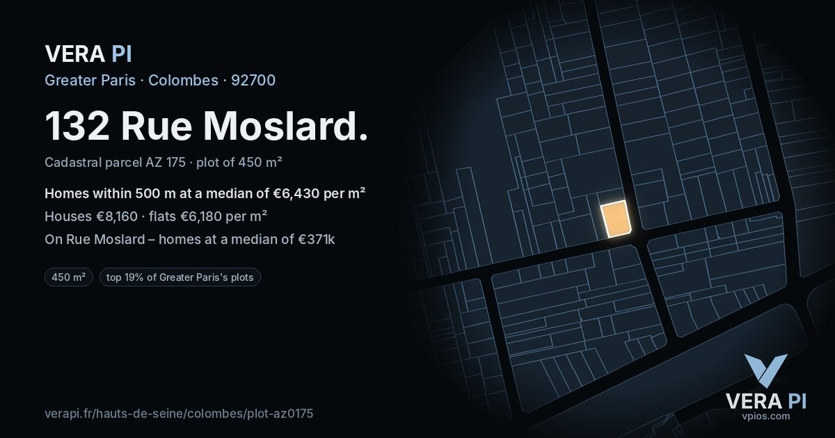 132 Rue Moslard, Colombes at night – the plot lit, the parcels around coloured by the prices near them