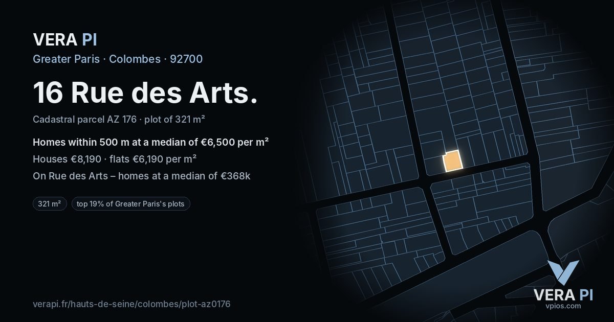 16 Rue des Arts, Colombes at night – the plot lit, the parcels around coloured by the prices near them