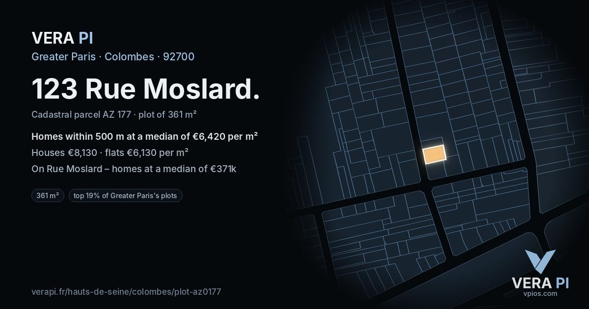 123 Rue Moslard, Colombes at night – the plot lit, the parcels around coloured by the prices near them