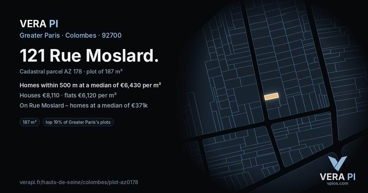 121 Rue Moslard, Colombes at night – the plot lit, the parcels around coloured by the prices near them