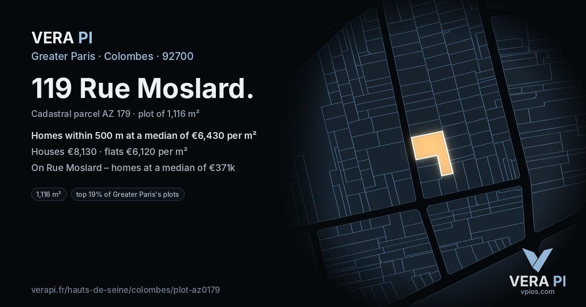 119 Rue Moslard, Colombes at night – the plot lit, the parcels around coloured by the prices near them
