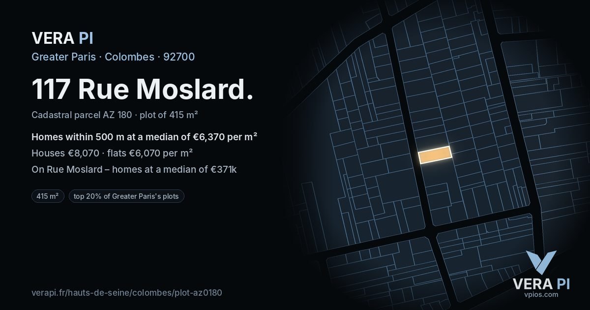 117 Rue Moslard, Colombes at night – the plot lit, the parcels around coloured by the prices near them