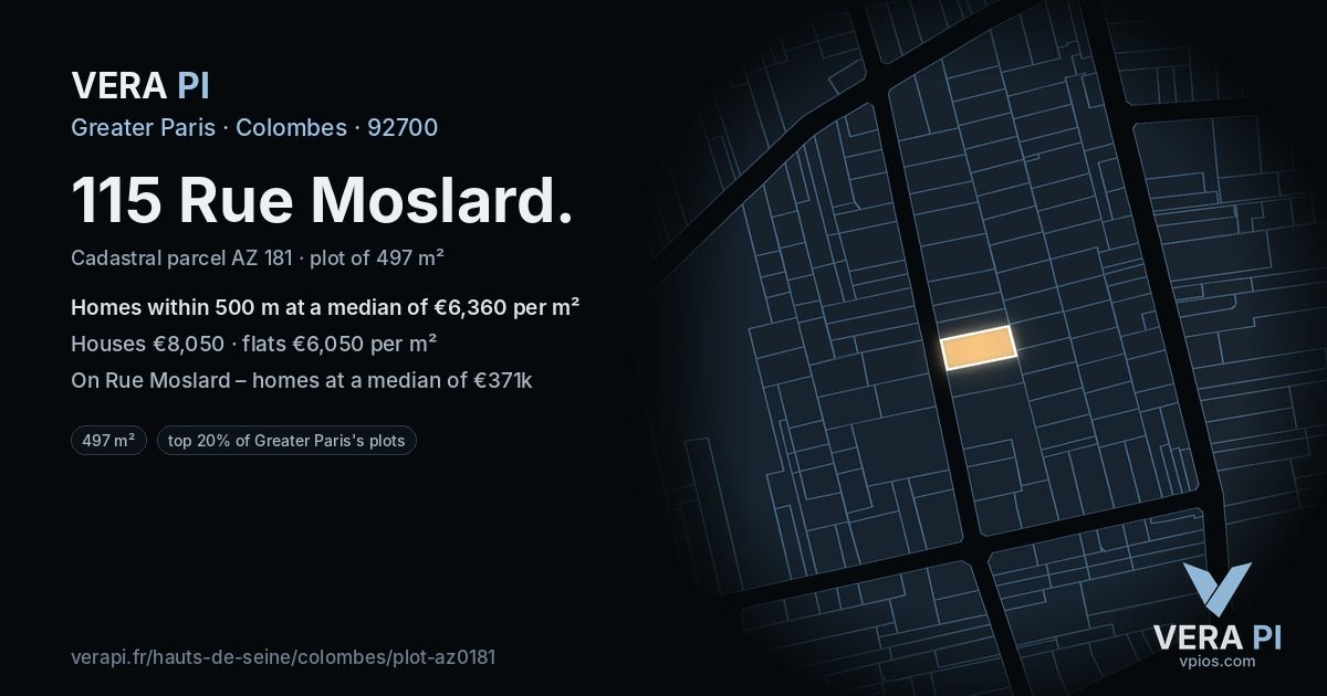 115 Rue Moslard, Colombes at night – the plot lit, the parcels around coloured by the prices near them