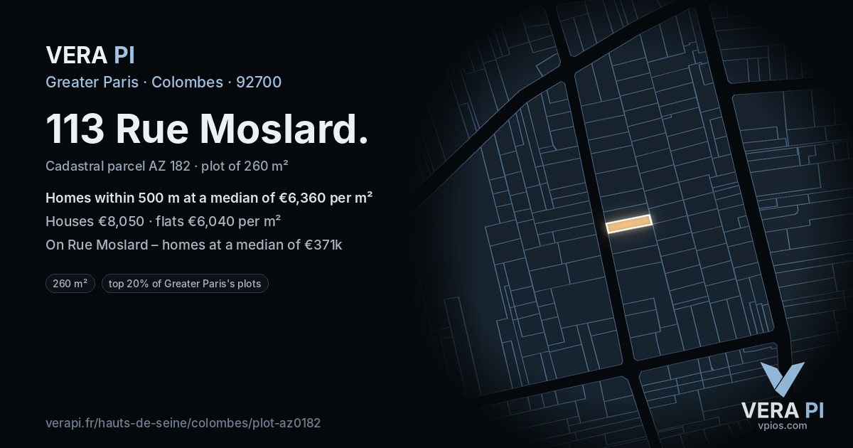 113 Rue Moslard, Colombes at night – the plot lit, the parcels around coloured by the prices near them
