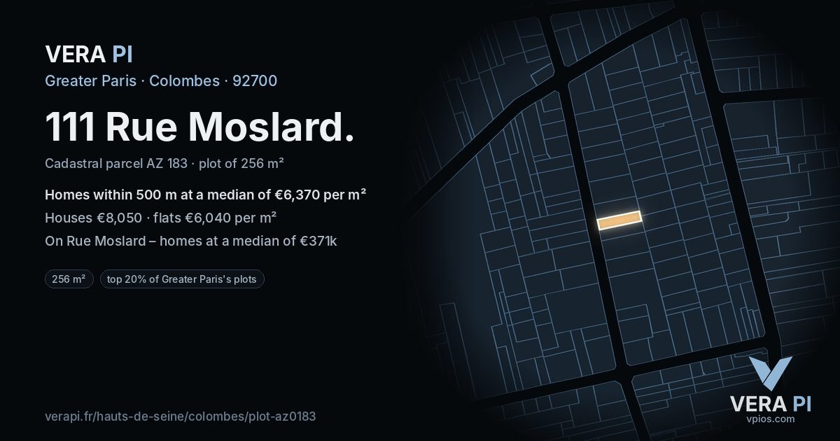 111 Rue Moslard, Colombes at night – the plot lit, the parcels around coloured by the prices near them