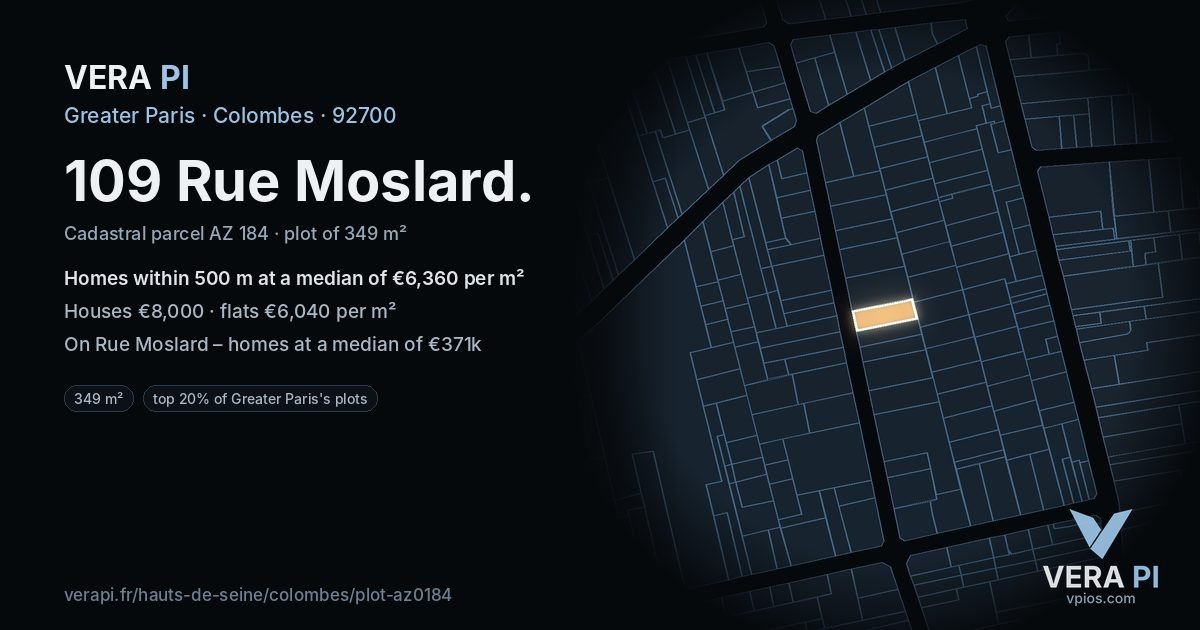 109 Rue Moslard, Colombes at night – the plot lit, the parcels around coloured by the prices near them