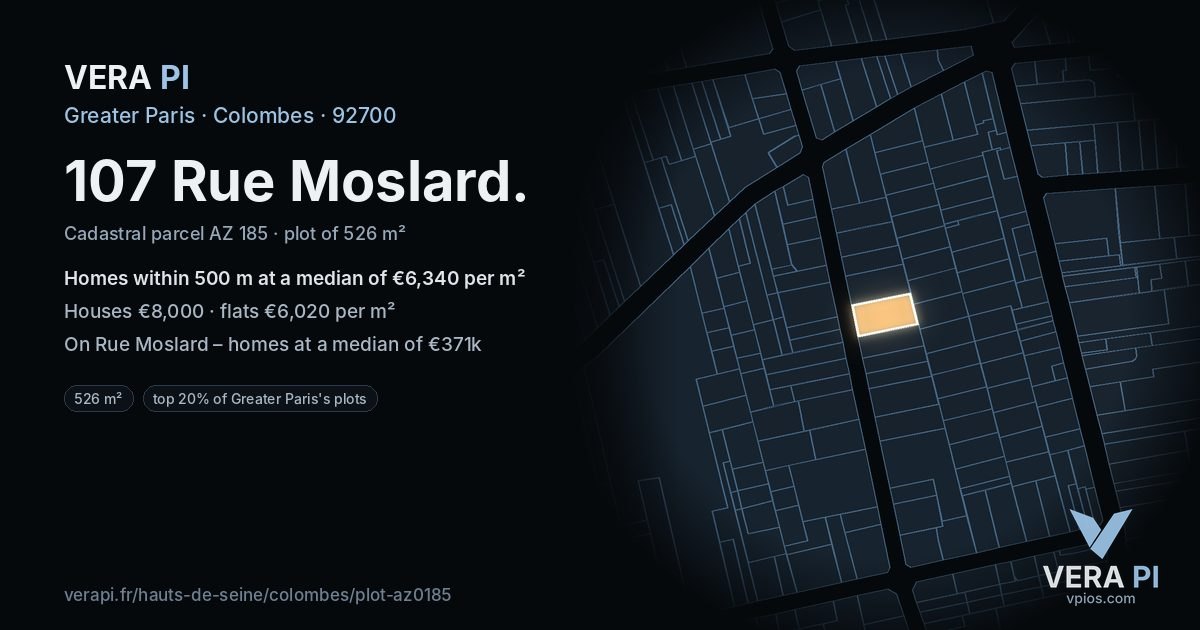 107 Rue Moslard, Colombes at night – the plot lit, the parcels around coloured by the prices near them