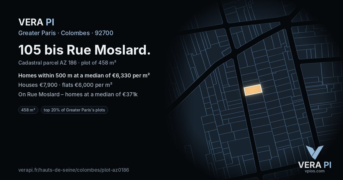 105 bis Rue Moslard, Colombes at night – the plot lit, the parcels around coloured by the prices near them