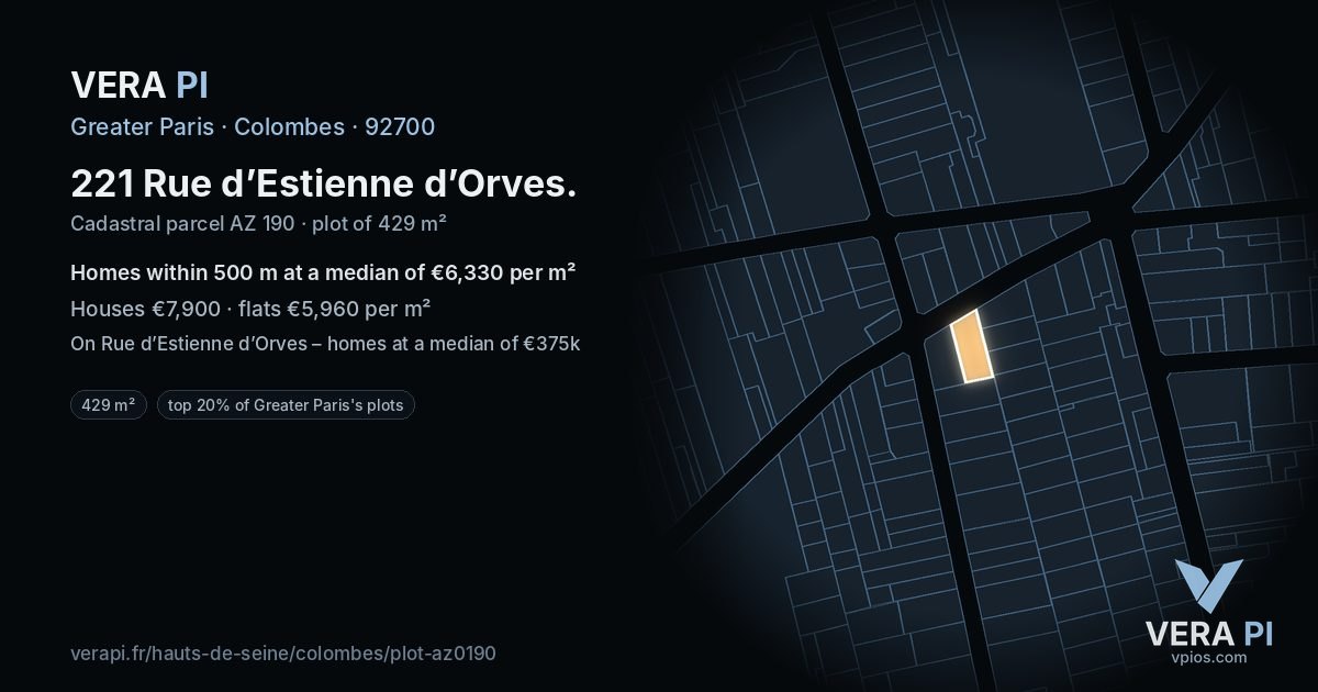 221 Rue d’Estienne d’Orves, Colombes at night – the plot lit, the parcels around coloured by the prices near them