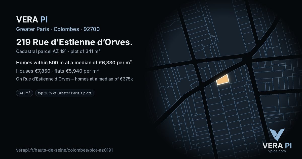 219 Rue d’Estienne d’Orves, Colombes at night – the plot lit, the parcels around coloured by the prices near them