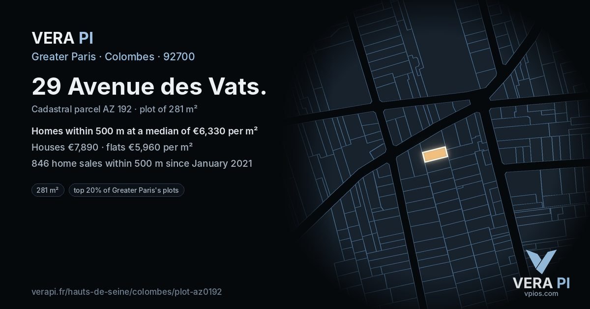 29 Avenue des Vats, Colombes at night – the plot lit, the parcels around coloured by the prices near them