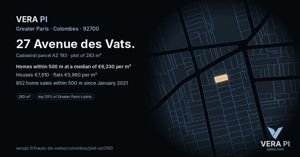 27 Avenue des Vats, Colombes at night – the plot lit, the parcels around coloured by the prices near them