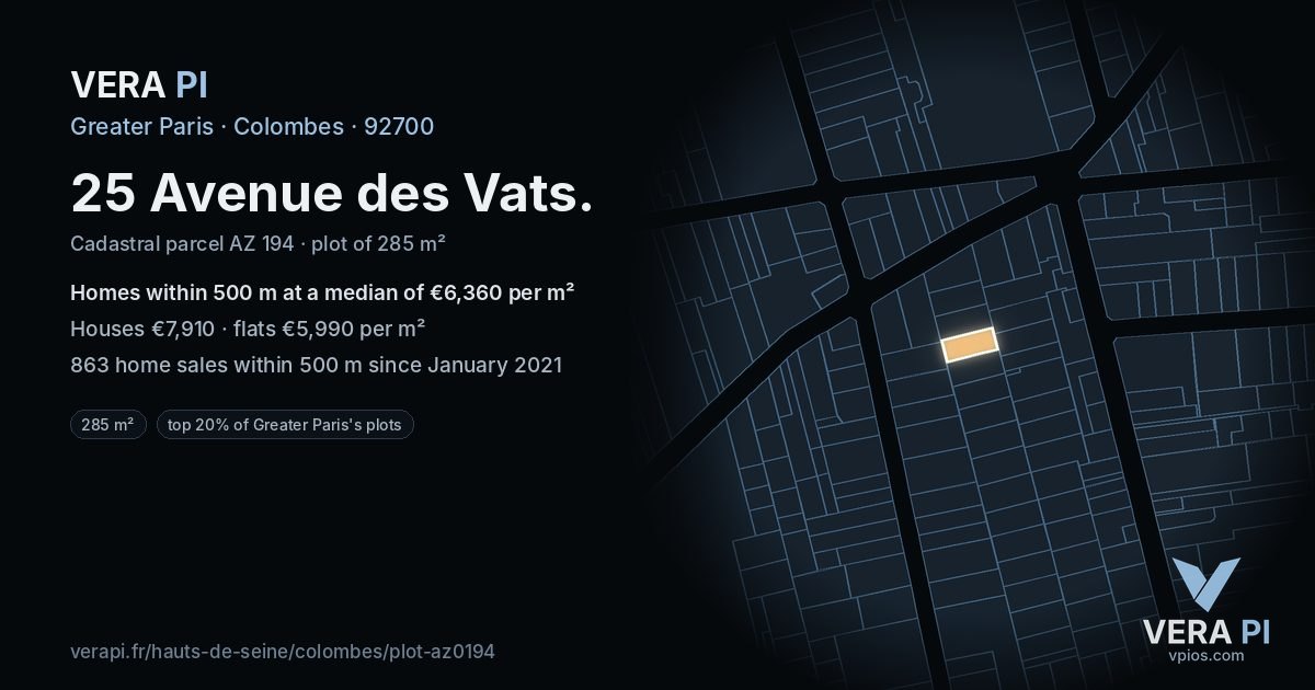 25 Avenue des Vats, Colombes at night – the plot lit, the parcels around coloured by the prices near them