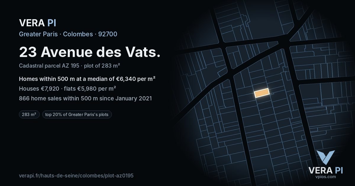 23 Avenue des Vats, Colombes at night – the plot lit, the parcels around coloured by the prices near them
