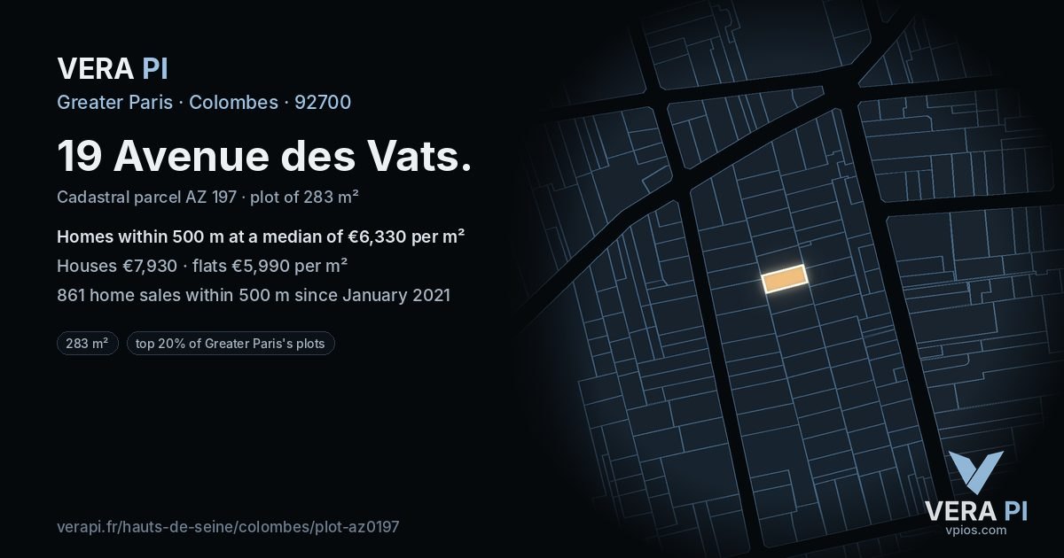 19 Avenue des Vats, Colombes at night – the plot lit, the parcels around coloured by the prices near them