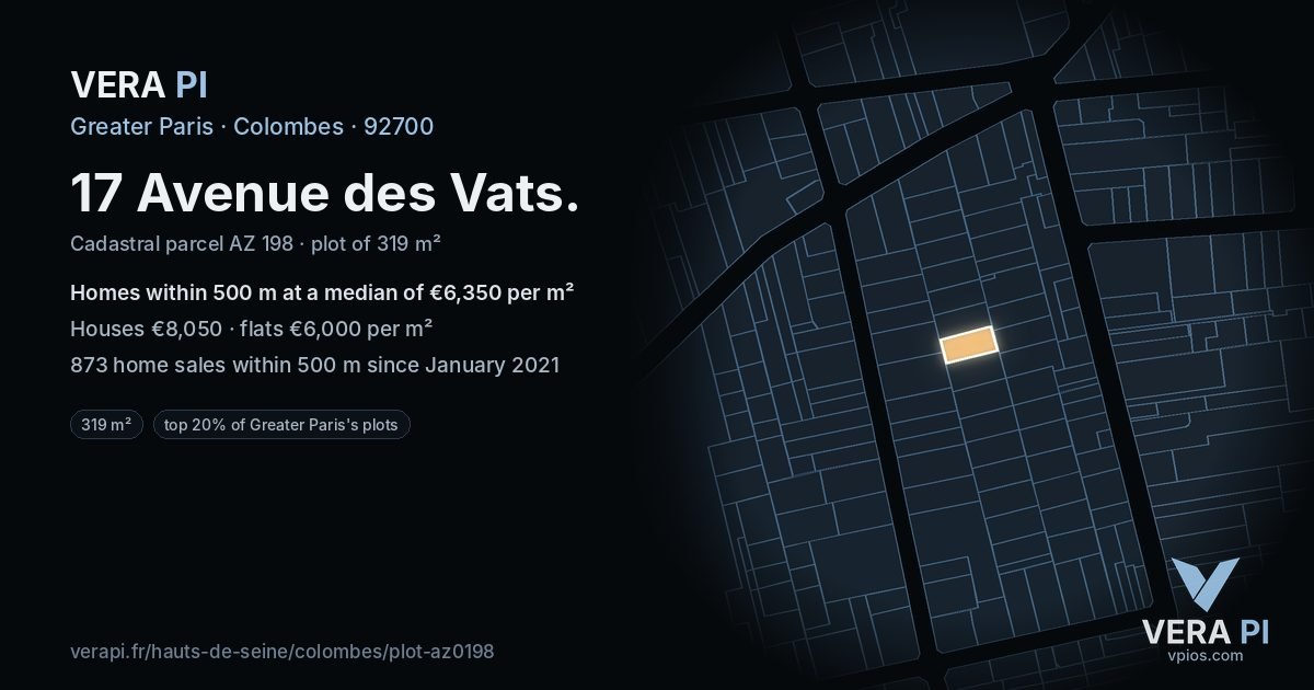 17 Avenue des Vats, Colombes at night – the plot lit, the parcels around coloured by the prices near them