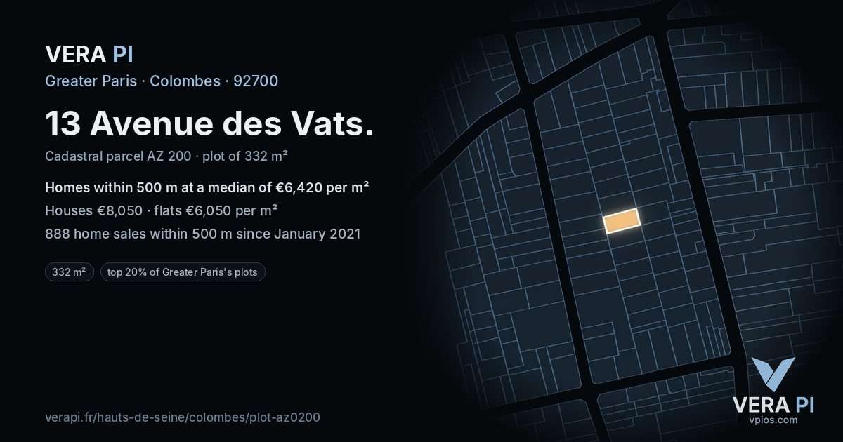 13 Avenue des Vats, Colombes at night – the plot lit, the parcels around coloured by the prices near them