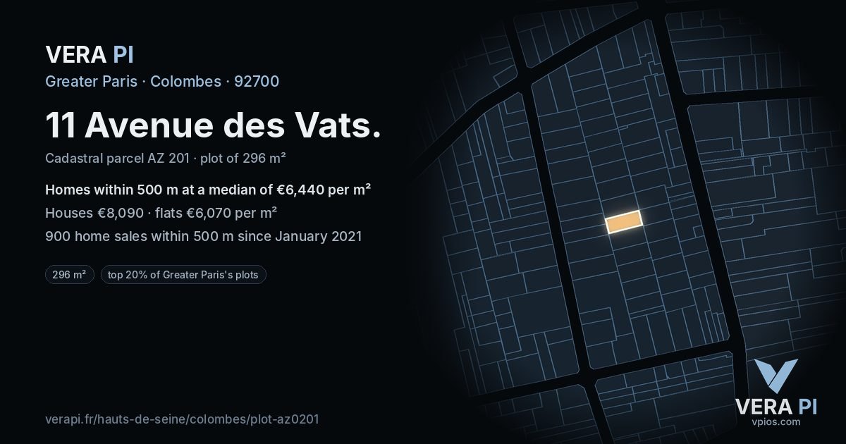 11 Avenue des Vats, Colombes at night – the plot lit, the parcels around coloured by the prices near them