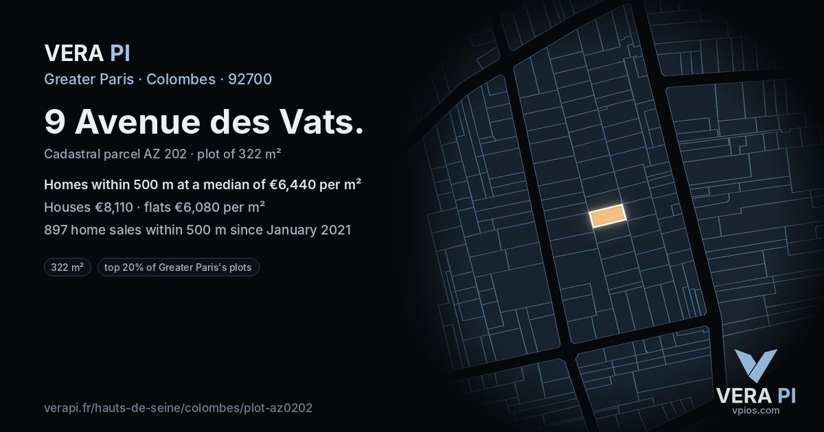 9 Avenue des Vats, Colombes at night – the plot lit, the parcels around coloured by the prices near them