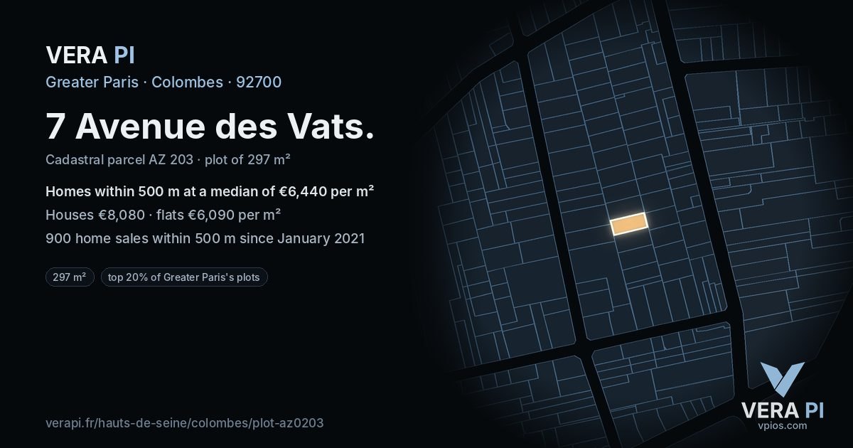 7 Avenue des Vats, Colombes at night – the plot lit, the parcels around coloured by the prices near them